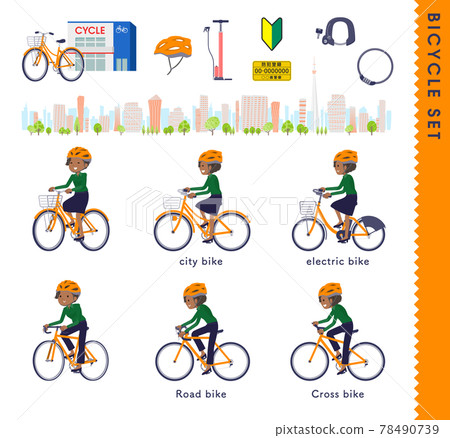 A set of black business women riding various bicycles 78490739