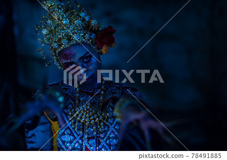 Thai ghost in traditional costume that appear in History, Portrait of asian woman make up ghost face with blood, women wearing typical Thai dress, Ghost, Halloween woman and devil.Halloween poster Thai ghost in traditional costume that appear in History, Portrait of asian woman make up ghost face with blood, women wearing typical Thai dress, Ghost, Halloween woman and devil.Halloween poster 78491885
