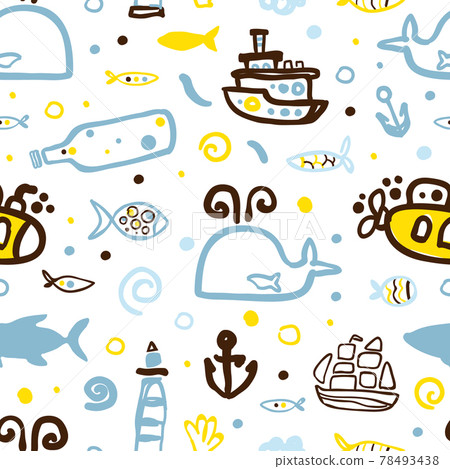 Marine Seamless Pattern Design, Nautical Symbols Background, Wallpaper, Textile, Packaging Vector Illustration 78493438