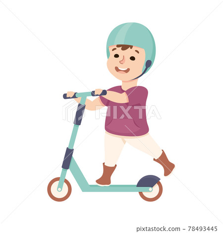 Little Boy in Helmet Riding on Kick Scooter Pushing Off the Ground Vector Illustration Little Boy in Helmet Riding on Kick Scooter Pushing Off the Ground Vector Illustration 78493445