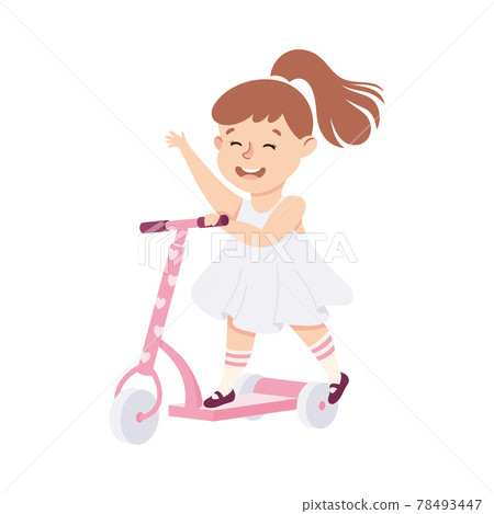 Smiling Girl Riding on Kick Scooter Pushing Off the Ground and Waving Hand Vector Illustration 78493447