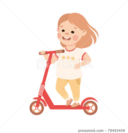 Happy Little Girl Riding on Kick Scooter Pushing Off the Ground Vector Illustration Happy Little Girl Riding on Kick Scooter Pushing Off the Ground Vector Illustration 78493449