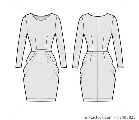 Dress tulip technical fashion illustration with long sleeves, fitted body, knee length peg-top pencil skirt Flat apparel Dress tulip technical fashion illustration with long sleeves, fitted body, knee length peg-top pencil skirt Flat apparel 78495826