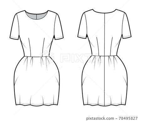 Dress bell technical fashion illustration with short sleeves, fitted body, mini length pencil skirt. Flat apparel front 78495827