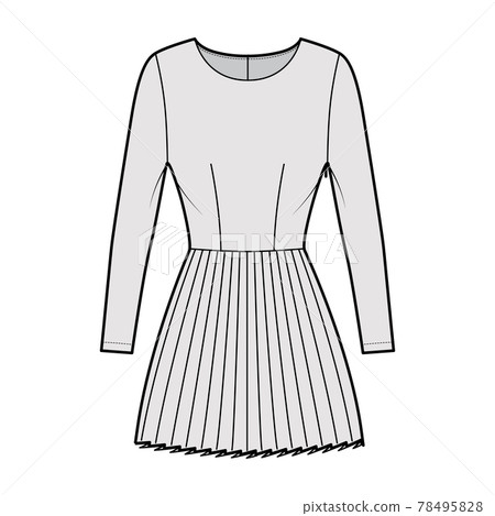 Dress pleated technical fashion illustration with long sleeves, fitted body, mini length skirt. Flat apparel front Dress pleated technical fashion illustration with long sleeves, fitted body, mini length skirt. Flat apparel front 78495828