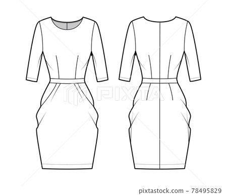 Dress tulip technical fashion illustration with elbow sleeves, fitted body, knee length peg-top pencil skirt. Flat Dress tulip technical fashion illustration with elbow sleeves, fitted body, knee length peg-top pencil skirt. Flat 78495829