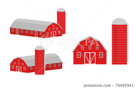 Wooden barn and silo for grain storage front and isometric view. Red farm warehouse building and container for wheat seeds isolated on white background. Vector cartoon illustration 78495941