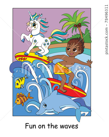 Cute boy and unicorn surf on the waves vector Cute boy and unicorn surf on the waves vector 78496311