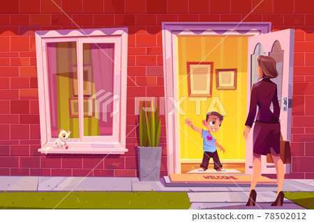 Boy greeting mother at house door 78502012
