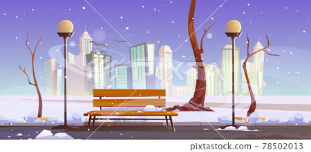Winter city park with wooden bench, urban garden 78502013