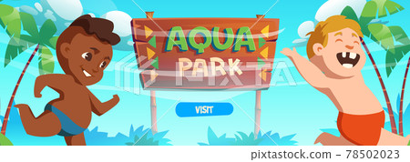 Aquapark banner with happy kids on sea beach 78502023