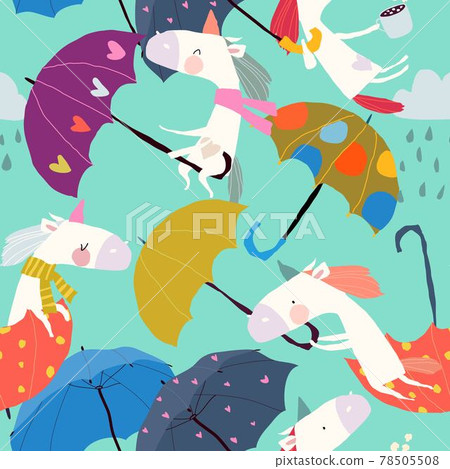 Seamless Pattern with Funny Unicorns flying with Umbrellas in the Sky Seamless Pattern with Funny Unicorns flying with Umbrellas in the Sky 78505508