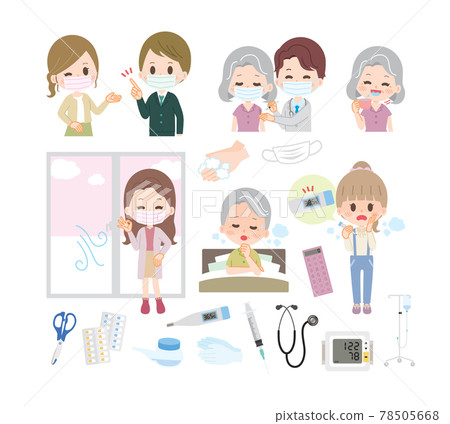 Corona cold flu illness person illustration set Corona cold flu illness person illustration set 78505668