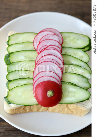 Cucumber and radish open sandwich with topping 78505879