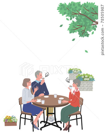 Illustration of senior men and women drinking tea in a cafe a4 vertical composition 78505987