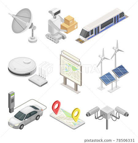 Smart City with Solar Panel, Robot, Electric Car and Satellite Dish Isometric Vector Set 78506331