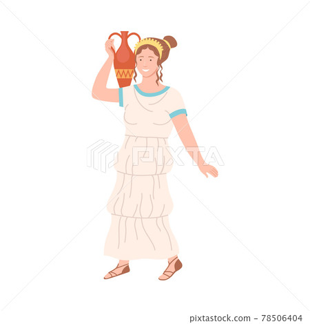 Roman Woman Wearing Long Tunic and Sandals Carrying Greek Ceramic Amphora Vector Illustration 78506404