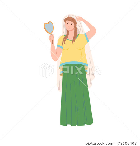 Roman Woman Wearing Long Tunic and Sandals Looking in the Mirror Vector Illustration 78506408