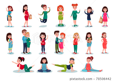 Young Pregnant Woman Jumping with Pregnancy Test and Walking with Her Husband Vector Illustration Set 78506442