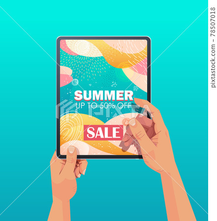 human hands using tablet pc with summer sale banner flyer or greeting card on screen vertical human hands using tablet pc with summer sale banner flyer or greeting card on screen vertical 78507018