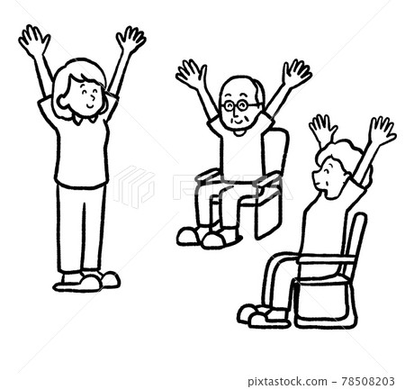 一位老人在日間服務中進行健康運動的插圖，黑白 78508203