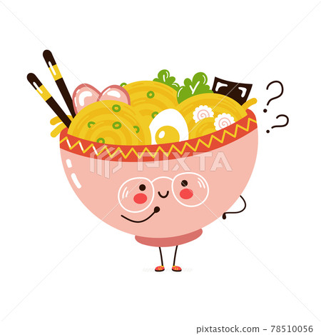 Cute funny Ramen bowl with question marks. Vector hand drawn cartoon kawaii character illustration icon. Isolated on white background. Ramen bowl think concept 78510056