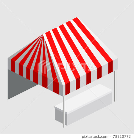 Isometric market stall, tent. Street awning canopy kiosk, counter, white red strings for fair, street food, market, grocery goods. Vector isolated 78510772