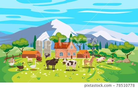 Rural Landscape farm scenery view, mountaines, green meadow, flowers, trees. Countryside nature, farm animals cow, sheeps, horse, bull, goose, duck, goat, buildings. Vector illustration 78510778