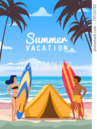 Surfers with boards and a beach tent are relaxing on the coast. Summer Vacation, man and woman travel to exotic resorts, palm trees, island, tropical. Vector, illustration, cartoon style, poster 78510782