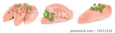 Fresh chicken fillet isolated on white background with full depth of field. Set or collection 78511220