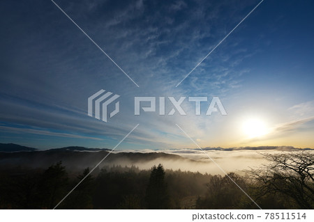 Chausuyama Plateau above the clouds rubbed with morning dew. Looking towards the Southern Alps from the Southern Alps Observation Parking Lot. 78511514