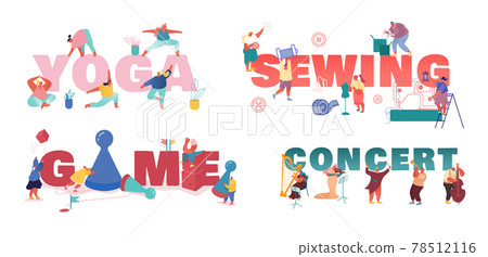 Set Posters with Spare Time Activity and Recreation Concept. People Characters Doing Yoga Exercises, Sew Handmade Things 78512116