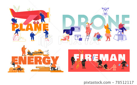 Set of Posters with People Plane Maintenance, Using Drones for Parcels Delivery, Energy Manufacture, Fireman Profession 78512117