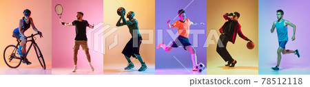 Soccer football, fitness, basketball and tennis. Collage of different professional sportsmen in action and motion isolated on multicolored background 78512118