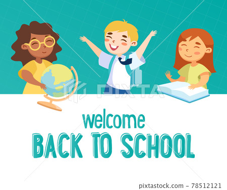 Welcome Back to School Concept. Smart Happy Kids Characters with Books and Globe, Schoolboy in Uniform with Backpack 78512121