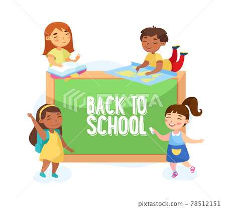 Back to School Concept. Children with Studying Tools around of Green Chalkboard. Schoolkids Characters with Books Banner Back to School Concept. Children with Studying Tools around of Green Chalkboard. Schoolkids Characters with Books Banner 78512151