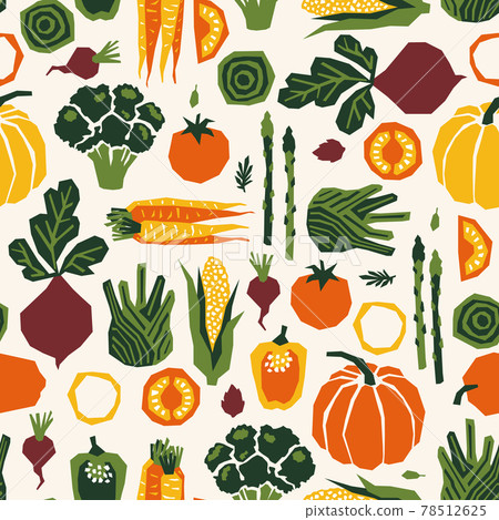 Various vegetables seamless pattern. Papercut style. Healthy food design. Vector illustration 78512625