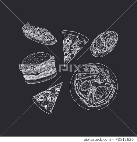 Fast Food collection. Pizza, crepes, burger, bruschetta. Blackboard illustrations. Vector illustration. 78512626