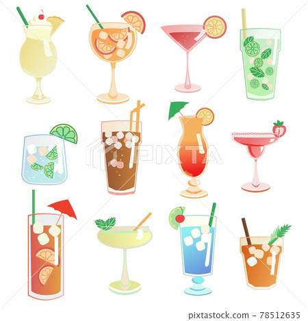 Set of alcoholic cocktails Pina colada, aperol shpritz, margarita, mojito, blue lagoon, long island, bloody mary, cosmopolitan, daiquiri, tequila sunrise, gin tonic. Cartoon illustration 78512635