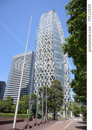 Tokyo Nishi-Shinjuku business district, fragrant summer sky, high-rise buildings and street trees, full size, high resolution, vertical position 78512929