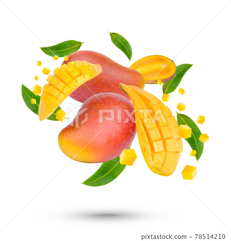 Mango fruit and sliced with leaves isolated on white background Mango fruit and sliced with leaves isolated on white background 78514210