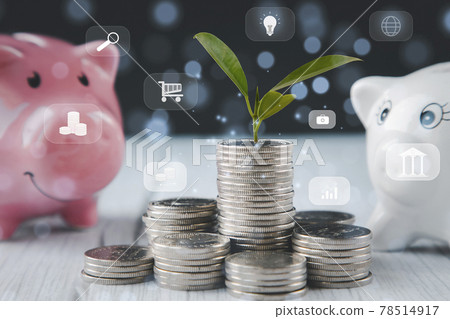 Pink piggy bank with leaf on Coins stack in the dark background, Money spending planning, plant growing up on coins and investment budget, business finance and saving money investment. Pink piggy bank with leaf on Coins stack in the dark background, Money spending planning, plant growing up on coins and investment budget, business finance and saving money investment. 78514917