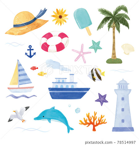 Summer image watercolor illustration set 78514997
