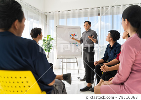 A discreet manager in serious face is tackling the issue in the team,He's asking both sides for problems and looking for solutions.Trainers are advising participates in business and training concept. A discreet manager in serious face is tackling the issue in the team,He's asking both sides for problems and looking for solutions.Trainers are advising participates in business and training concept. 78516368