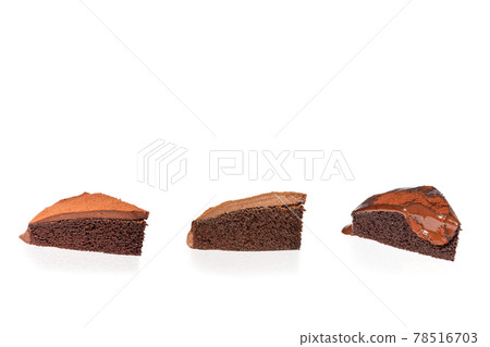 Three slice chocolate cake isolated in white background. 78516703
