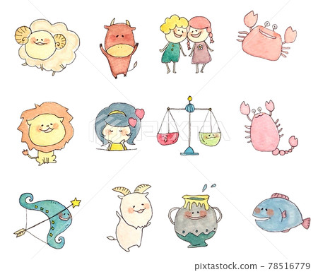 湯川12星座手繪插畫水彩色彩 78516779