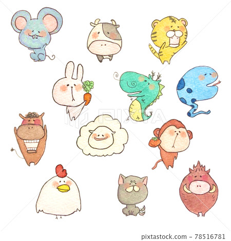 Cute and cute zodiac animals hand-drawn illustration watercolor color 78516781