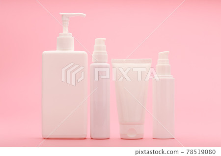 Set of beauty products for daily anti acne skin treatment against light pink background Set of beauty products for daily anti acne skin treatment against light pink background 78519080