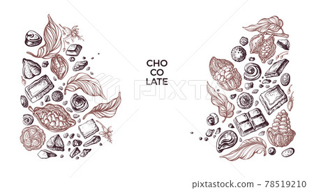 Choco border. Vector cocoa fruit, bean Art sketch Choco border. Vector cocoa fruit, bean Art sketch 78519210