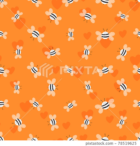 Seamless pattern with bees and hearts on color background. Small wasp. Vector illustration. Adorable cartoon character. Template design for invitation, cards, textile, fabric. Doodle style. 78519625